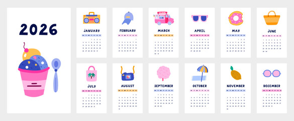 Lovely calendar template for 2026 year with summertime, seaside trip cartoon clipart. Calendar grid with week starts on Monday for kids nursery, travel company. Vertical monthly calender layout