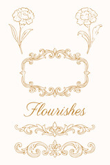 Vintage gold calligraphic decorative ornate floral border and frame elements for wedding invitation or page decoration