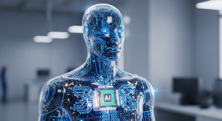 Futuristic AI Humanoid Robot with Internal Circuits and Illuminated Processor Chip in Office