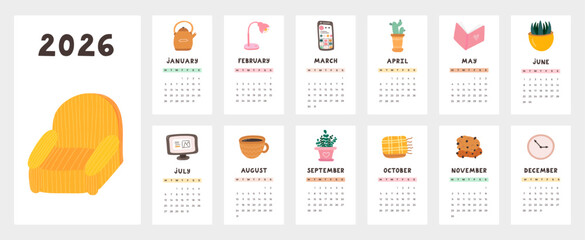 Lovely calendar template for 2026 year with cosy scandinavian room cartoon clipart. Calendar grid with weeks starts on Monday for nursery, office. Vertical monthly calender layout with relaxing mood.