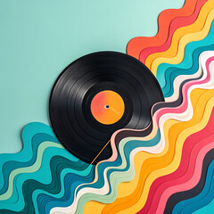 Ai generated image of a vinyl record with colorful paper waves on a teal background