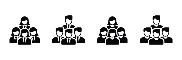 Four Teamwork Man Female Icons: Diverse Leadership Groups, Black and White, Professional Style