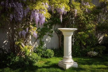 Pedestal in a garden with Wisteria in bloom. Ideal for product mockups, ads
