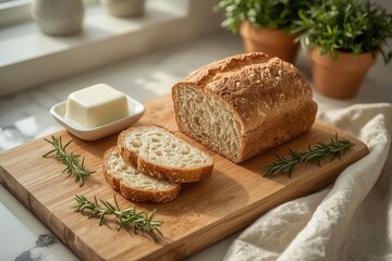 Rustic bread loaf with sliced pieces on wooden board, accompanied by butter and rosemary garnish.