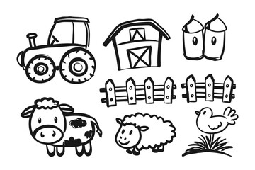 Farm Doodle Illustration: A charming collection of hand-drawn farm elements, evoking a sense of rustic simplicity and agricultural life. 