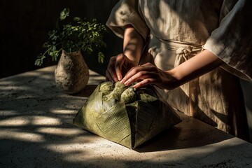 Lamprais, Sri Lankan rice bundle wrapped in banana leaves held by hands on stone countertop. Concept of Lamprais highlights cultural cuisine with soft natural lighting.