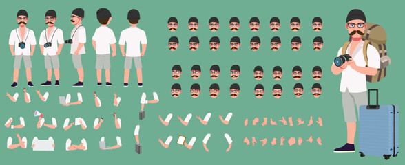 Traveler character model sheet, Character poses, expressions, Walk cycle, Run cycle animated character sequences.