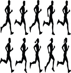 Fototapeta premium Silhouettes of people running in a row with different poses and genders in a white background image