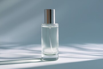 Naklejka premium Perfume advertisement, bottle and minimalism: A minimalistic perfume advertisement showcasing a sleek, transparent glass bottle with a metallic cap, placed on a clean white background.