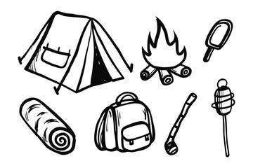 Fototapeta premium Camping Essentials Sketch: A charming collection of hand-drawn camping equipment sketches, ideal for adding a rustic touch to any outdoor adventure theme.