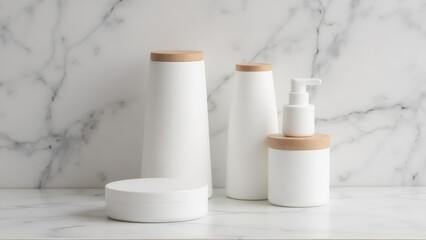 Minimalist White Cosmetic Bottles with Wooden Lids on Marble Background | Beauty Product Mockup