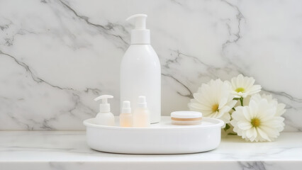Elegant Skincare Product Display with Cosmetic Bottles, Cream Jar, and White Flowers on Marble Background