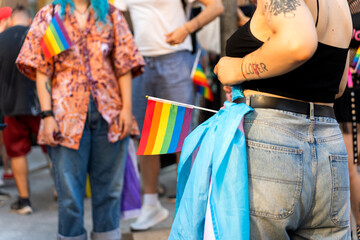 Lgbt women holding rainbow flags at pride parade