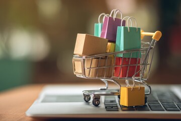 Miniature shopping cart loaded with colorful shopping bags and boxes sits atop a laptop keyboard