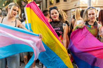 Lgbt women holding transgender and pansexual flags at pride parade