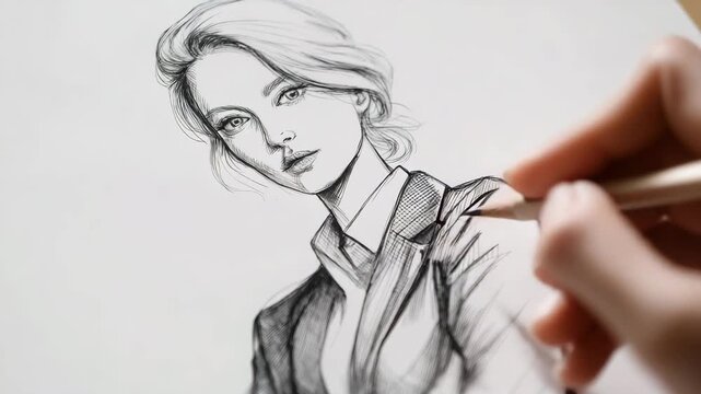 Frau im Anzug als elegante Bleistiftzeichnung auf Papier. K&uuml;nstliche Intelligenz KI