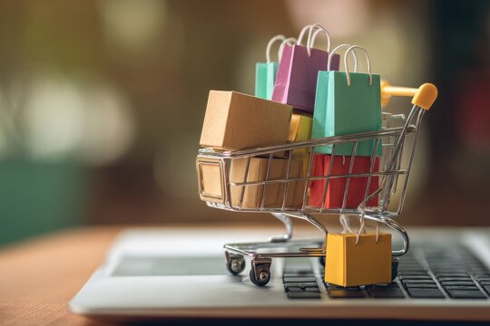 Miniature shopping cart loaded with colorful shopping bags and boxes sits atop a laptop keyboard - Powered by Adobe