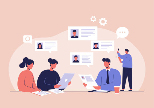 A diverse team of HR professionals collaborating to review candidate profiles and manage recruitment processes.