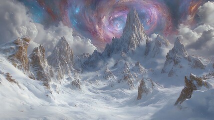 Snowy mountain range under a cosmic sky.