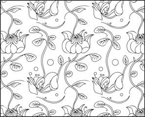 Naklejka premium Beautiful flowers and leaves seamless pattern outline vector for coloring page and book design