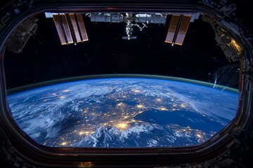 View of Earth from space captured during low-light conditions showcasing urban lights and natural atmosphere