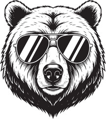 Bear Head with Sunglasses Vintage Style Illustration.