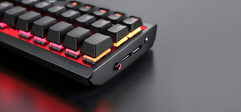 Closeup of mechanical keyboard with red backlight and black keycaps on dark surface. Copy space