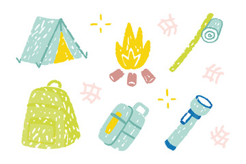 Camping Essentials: A vibrant illustration showcasing camping equipment, including a tent, campfire, backpack, sleeping bag, canteen, and flashlight.