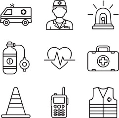 Collection of Outline Emergency Medical and Safety Equipment Icons.