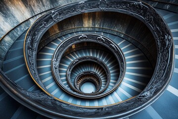 Fototapeta premium Endless spiral staircase viewed from above, showcasing a mesmerizing architectural design in a historic building