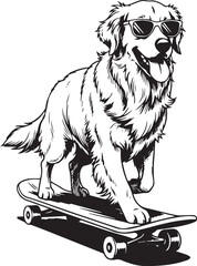 Golden Retriever with Sunglasses Riding Skateboard Black and White Vector Illustration.