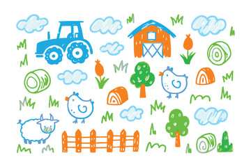 Fototapeta premium Farm Animals and Landscape: A delightful hand-drawn illustration of a vibrant farm scene, showcasing a cheerful tractor, cozy barn, fluffy sheep.