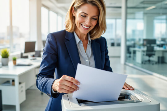 A smiling businesswoman in a blue suit operates an office printer while holding a document.