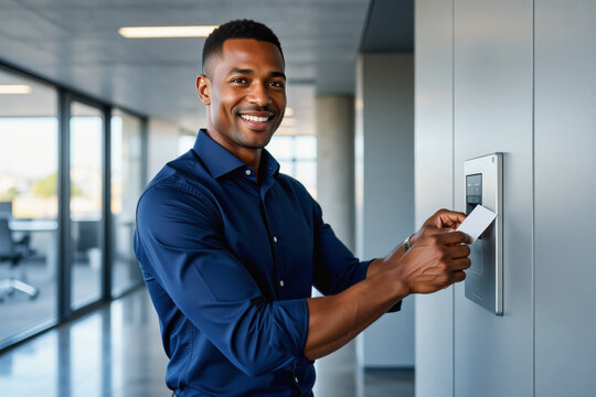 A smiling Black man in a blue shirt swipes a card at a keypad within a modern office building.
