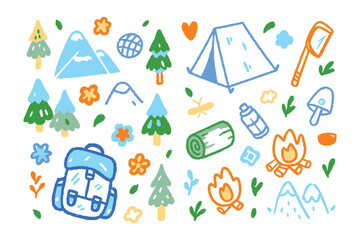 Camping Adventure: A vibrant illustration bursting with camping essentials, from tents and towering peaks to cozy campfires, embodying the spirit of exploration.
