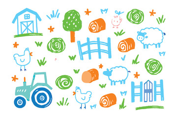 Fototapeta premium Farm Life Doodle: A vibrant and cheerful illustration of farm life, featuring a charming barn, playful animals like sheep, chickens, and a pig, alongside a tractor and hay bales.