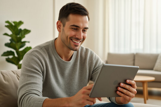 A smiling man in a gray sweater looks at a tablet while sitting on a comfortable sofa.
