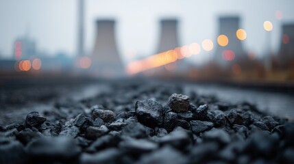 Close-up of gravel stones with blurred industrial cooling towers and bokeh lights in the background, creating an urban landscape.