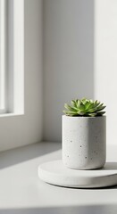 Minimalist Still Life: Echeveria Succulent in Speckled Concrete Pot near Window