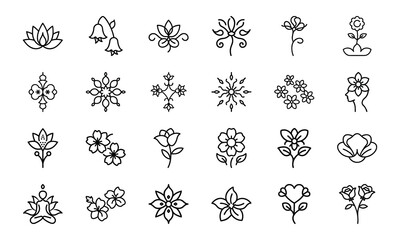 Minimal Floral Line Icon Bundle – 30 Elegant Flower Vector Icons for Logos, Branding, Invitations, and Botanical Design Projects