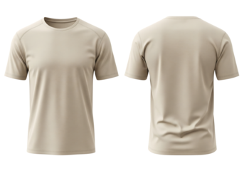 Men's beige crew neck t-shirt template, front and back view. Isolated on transparent background, png