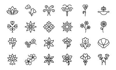Minimal Floral Line Icon Bundle – 30 Elegant Flower Vector Icons for Logos, Branding, Invitations, and Botanical Design Projects
