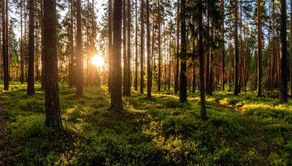 Fototapeta premium Golden sunset through pine forest