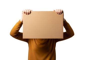 Person in a mustard sweater holding a blank cardboard sign or banner. Isolated on transparent background, png