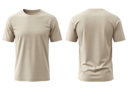 Men's beige crew neck t-shirt template, front and back view. Isolated on transparent background, png