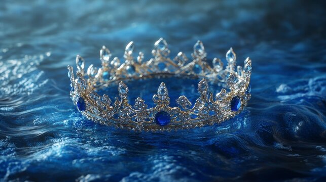 Ornate gold crown with blue gems floats on dark blue water.