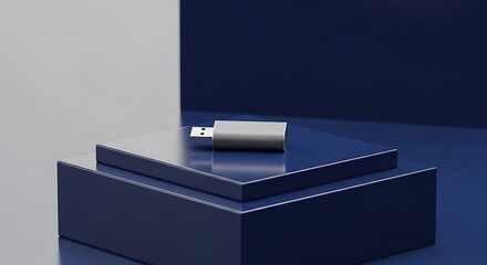 Minimalist USB Drive on Glossy Blue Platforms, Modern Tech Concept