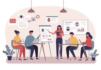 A female presenter leads a professional development workshop for a diverse group of colleagues in a modern office environment.