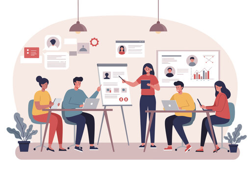 A female presenter leads a professional development workshop for a diverse group of colleagues in a modern office environment.