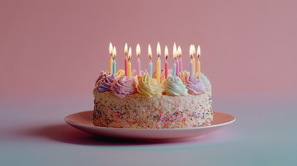 Vibrant birthday cake adorned with sprinkles and multicolored frosting swirls, topped with burning candles against a pink backdrop.